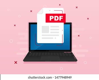 Download PDF icon file with label on laptop screen. Downloading document concept. Banner for business, marketing and advertising. Vector Illustration.