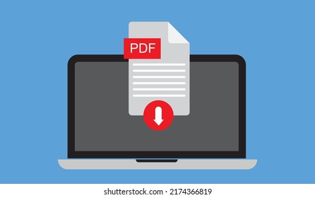 Download PDF icon file with label on laptop screen. Downloading document concept. View, read, download PDF file on laptops and mobile devices. Banner for business, marketing and advertising