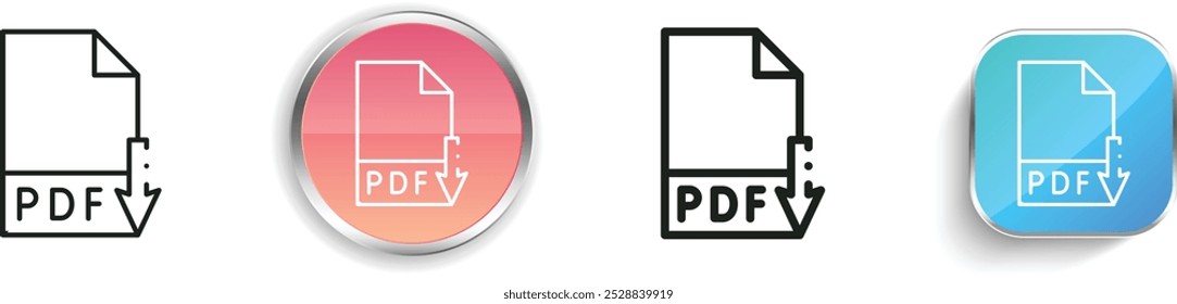 PDF-Symbol herunterladen. Design mit dünnen Linien, regelmäßigen Linien und Schaltflächen einzeln auf weißem Hintergrund