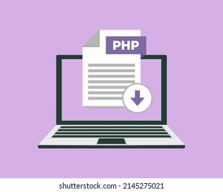 Download PHP icon file with label on laptop screen. Downloading document concept	