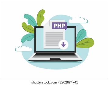 Download PHP icon file with label on laptop screen. Downloading document concept. Banner for business