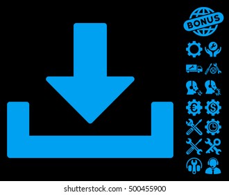 Download pictograph with bonus configuration symbols. Vector illustration style is flat iconic symbols, blue color, black background.