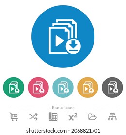 Download playlist flat white icons on round color backgrounds. 6 bonus icons included.