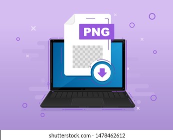 Download PNG icon file with label on laptop screen. Downloading document concept. Banner for business, marketing and advertising. Vector Illustration.