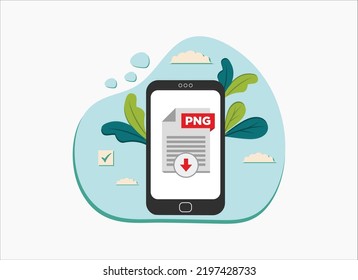 Download PNG icon file with label on mobile phone screen. Downloading document concept, vector flat illustration