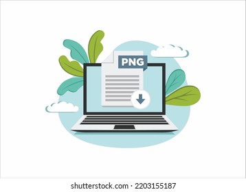 Download PNG icon file with label on laptop screen. Downloading document concept