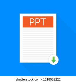 Download PPT button. Downloading document concept. File with PPT label and down arrow sign. Vector stock illustration.