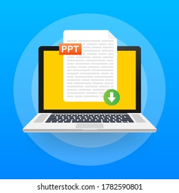 Download PPT button. Downloading document concept. File with PPT label and down arrow sign. Vector illustration