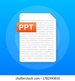 Botón de descarga PPT. Descargando el concepto del documento. Archivo con etiqueta PPT y signo de flecha abajo. Ilustración del vector