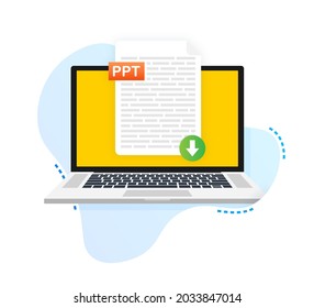 Download PPT button. Downloading document concept. File with PPT label and down arrow sign. Vector illustration.