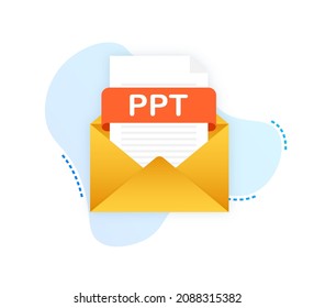 Download PPT button. Downloading document concept. File with PPT label and down arrow sign. Vector illustration.