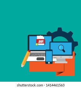 Download ppt file icon on pc screen. Downloading file concept. File with ppt icon and green down arrow sign. 