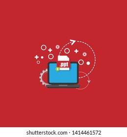 Download ppt file icon on pc screen. Downloading file concept. File with ppt icon and green down arrow sign. 