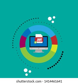 Download ppt file icon on pc screen. Downloading file concept. File with ppt icon and green down arrow sign. 