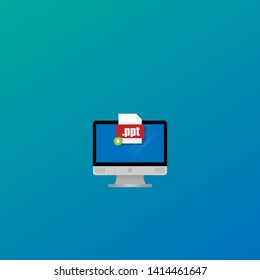 Download ppt file icon on pc screen. Downloading file concept. File with ppt icon and green down arrow sign. 
