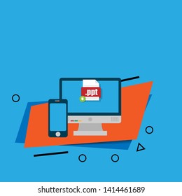 Download ppt file icon on pc screen. Downloading file concept. File with ppt icon and green down arrow sign. 