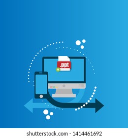 Download ppt file icon on pc screen. Downloading file concept. File with ppt icon and green down arrow sign. 