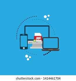 Download ppt file icon on pc screen. Downloading file concept. File with ppt icon and green down arrow sign. 
