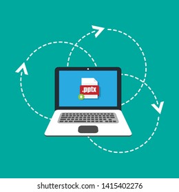 Download pptx file icon on pc screen. Downloading file concept. File with pptx icon and green down arrow sign. 