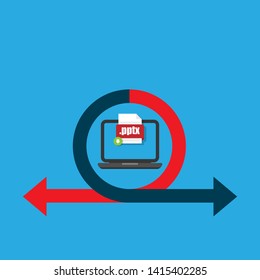 Download pptx file icon on pc screen. Downloading file concept. File with pptx icon and green down arrow sign. 