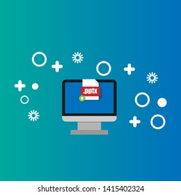 Download pptx file icon on pc screen. Downloading file concept. File with pptx icon and green down arrow sign. 