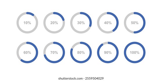 Download process. loading indicator. circle percentage diagrams. set of circle progress indicator. diagrams from 10% to 100%. number infographic icon