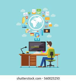 Download processing data on computer with internet.  Person accessing internet content. illustration for web banner, web element, or infographics element.