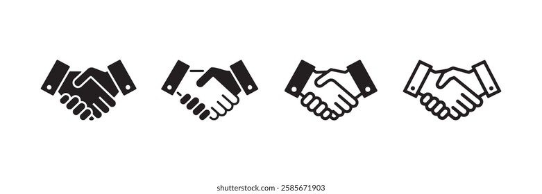 Download a professional handshake vector icon set symbolizing agreements, partnerships, and business collaboration in bold and outlined designs. Ideal for corporate and business use.