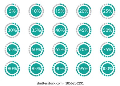 Download Progress Circle Icons - Vector Illustrations From 5 To 100 Percent - Isolated On White Background