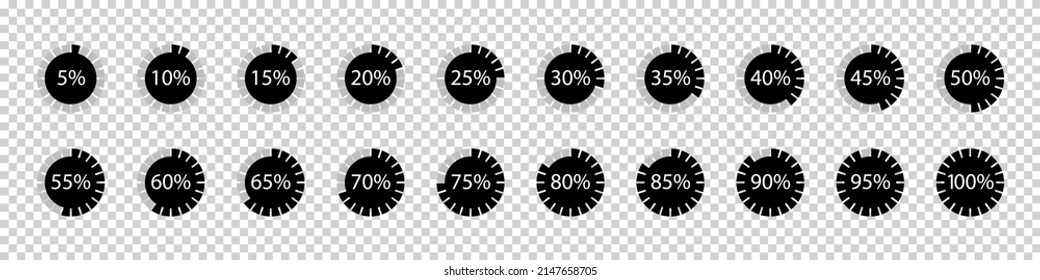 Download Progress Circle Icons - Vector Illustrations From 5 To 100 Percent - Isolated On Transparent Background