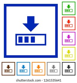 Download in progress flat color icons in square frames on white background