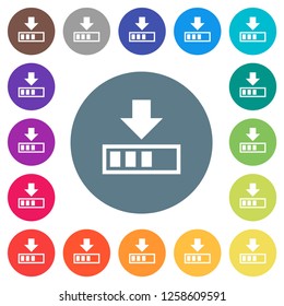 Download in progress flat white icons on round color backgrounds. 17 background color variations are included.