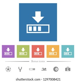 Download in progress flat white icons in square backgrounds. 6 bonus icons included.