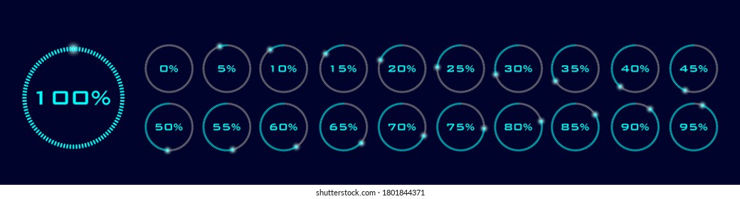 Descargar indicador de progreso con porcentajes. Conjunto de iconos circulares de barra de progreso vectorial. Colección de 21 elementos. Icono de carga aislado y conjunto de signos sobre fondo negro, elementos de barra redonda azul