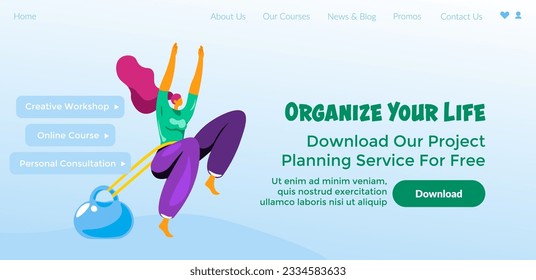 Download project planning service for free and organize your life. Creative workshop and online course, personal consultation and advice. Website page, landing page template. Vector in flat style