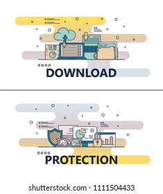 Download and protection template set. Vector thin line art flat style design elements, icons for website banners and printed materials.