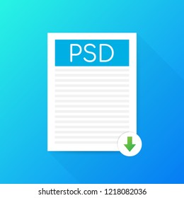 Download PSD button. Downloading document concept. File with PSD label and down arrow sign. Vector stock illustration.