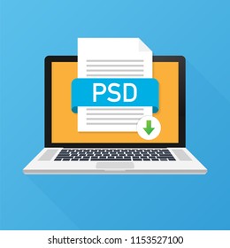 Download PSD button on laptop screen. Downloading document concept. File with PSD label and down arrow sign. Vector stock illustration.