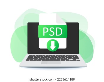 Download PSD button on laptop screen. Downloading document concept. PSD label and down arrow sign. Vector stock illustration.