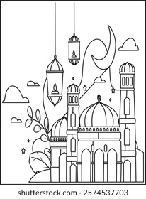 Download Ramadan Coloring Page: Black And White Line Art Of Mosque Silhouette With Crescent Moon And Star Eps File For Design.