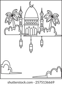 Download the Ramadan Coloring Page. Black-and-White Line Art of Mosque Silhouette With Crescent Moon And Star File for Design.