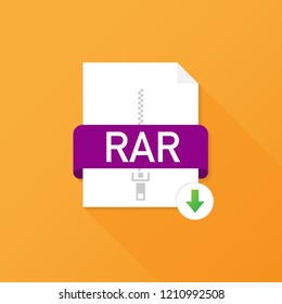 Download RAR button on laptop screen. Downloading document concept. File with RAR label and down arrow sign. Vector stock illustration.