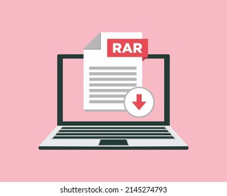 Download RAR icon file with label on laptop screen. Downloading document concept	