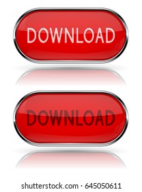 DOWNLOAD red buttons. Pair of normal and active icons. Vector 3d illustration