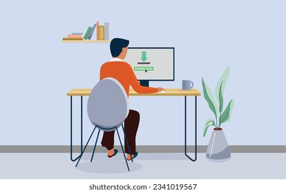 Descargar recurso y descargar en el equipo, recurso de descarga de trabajadores remotos en el equipo desde el almacenamiento en la nube, descargar desde línea. Pantalla del equipo, botón de descarga de recursos en el trabajo del monitor desde el hogar