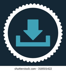 Download round stamp icon. This flat vector symbol is drawn with blue and white colors on a dark blue background.