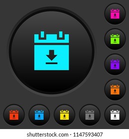 download schedule data dark push buttons with vivid color icons on dark grey background