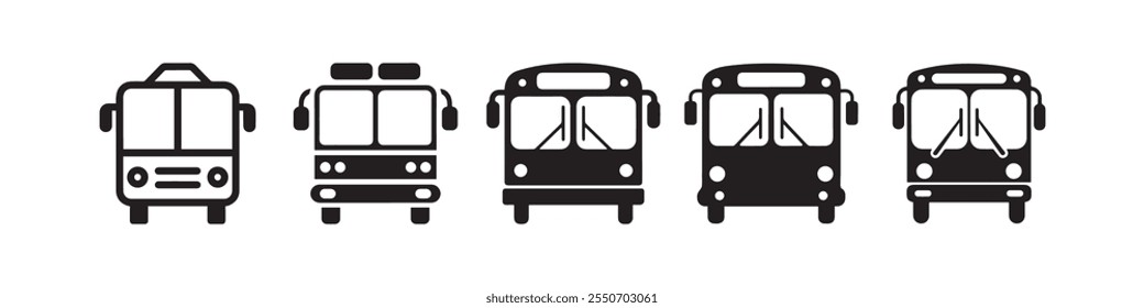 Download a set of clean and minimalist bus icons in black silhouette style. Perfect for transportation design, travel graphics, and educational projects.