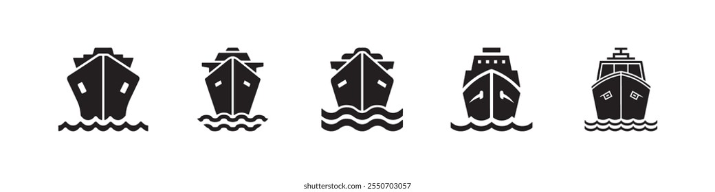 Download a set of clean and minimalist ship icons in black silhouette style. Perfect for marine transportation, nautical graphics, travel designs, and educational materials.