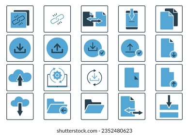Download set icon. Contains icons download, upload, transfer, link, etc. suitable for web site design, app, user interfaces, printable, etc. Solid icon style. Simple vector design editable